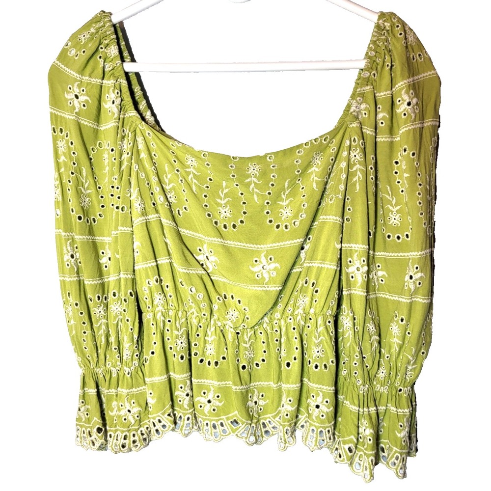 Shein Green Eyelet Embroidered Flower Puff Sleeve Elastic Waist‎ Top Size Small
